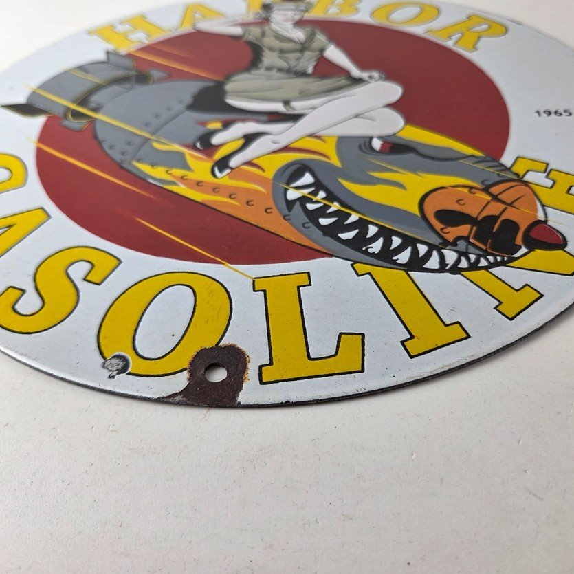 Vintage Harbor Gasoline Sign - Bomber Girl Gas Pump Motor Oil Porcelain Sign - Image 10