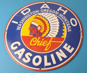 Vintage Idaho Gasoline Sign Indian Chief Gas Motor Oil Pump Porcelain Sign 305880314657