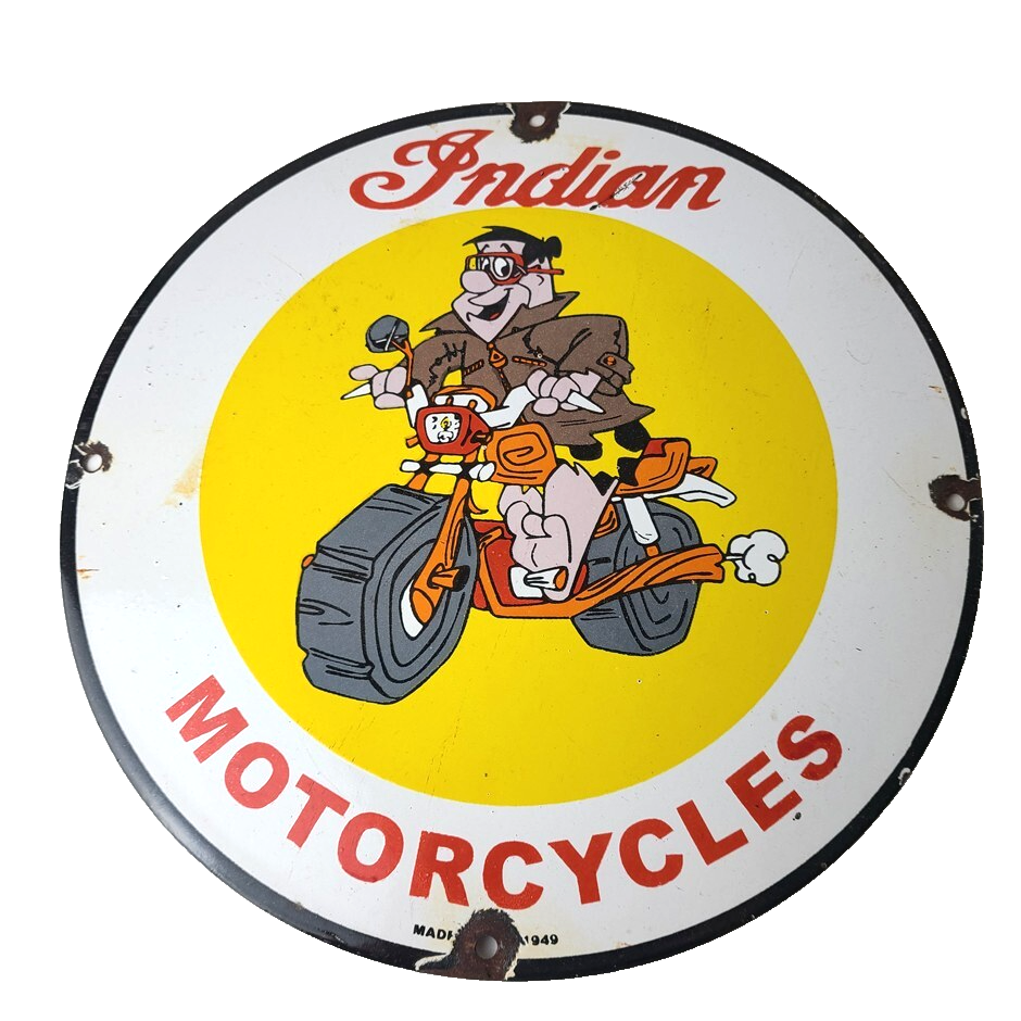 Vintage Indian Motorcycles Sign -Flintstones Bike Sign - Gas Pump Porcelain Sign