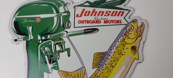 Vintage Johnson Sign - Gas Boat Engines Outboards Porcelain Pump Sign - Image 4