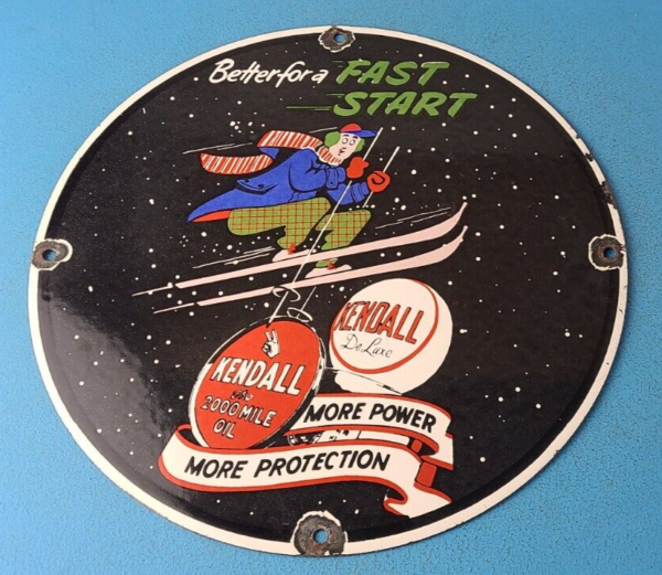 Vintage Kendall Motor Oils Sign Porcelain Snow Skiing Ad Gas Pump Plate Sign 305240171107