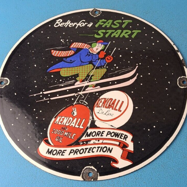 Vintage Kendall Motor Oils Sign Porcelain Snow Skiing Ad Gas Pump Plate Sign 305240171107