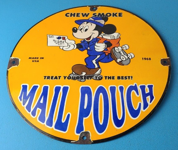 Vintage Mail Pouch Sign Mickey Mouse Tobacco Chew Gas Pump Porcelain Sign 305710701767