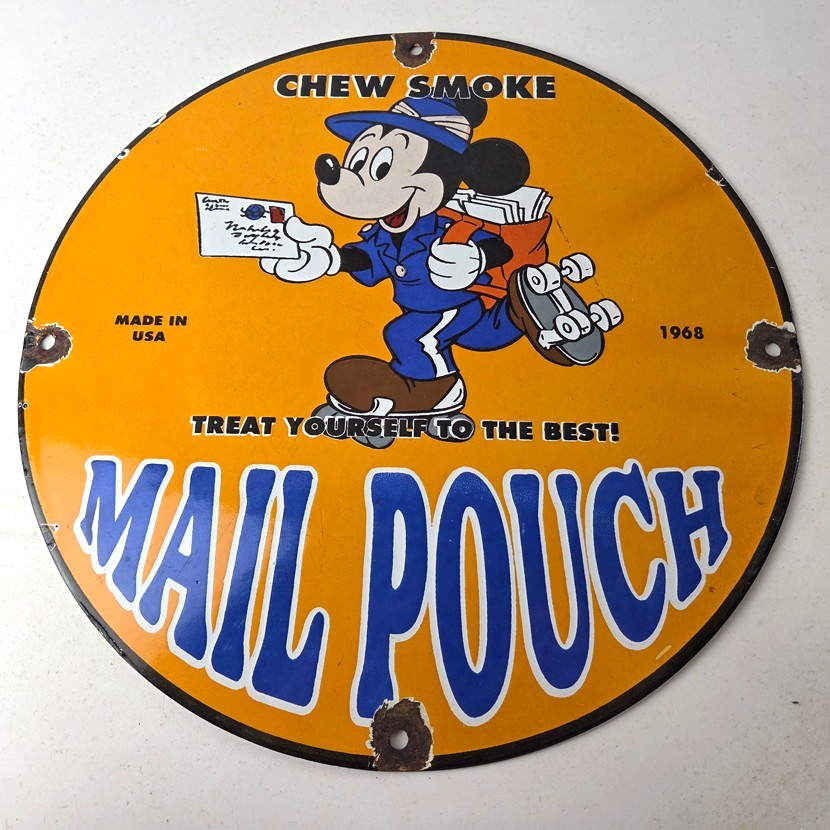 Vintage Mail Pouch Sign - Mickey Mouse Tobacco Chew Gas Pump Porcelain Sign - Image 15