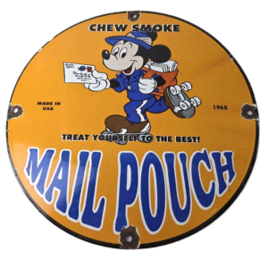 Vintage Mail Pouch Sign - Mickey Mouse Tobacco Chew Gas Pump Porcelain Sign