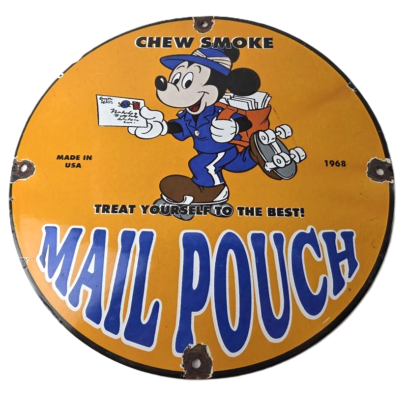 Vintage Mail Pouch Sign - Mickey Mouse Tobacco Chew Gas Pump Porcelain Sign