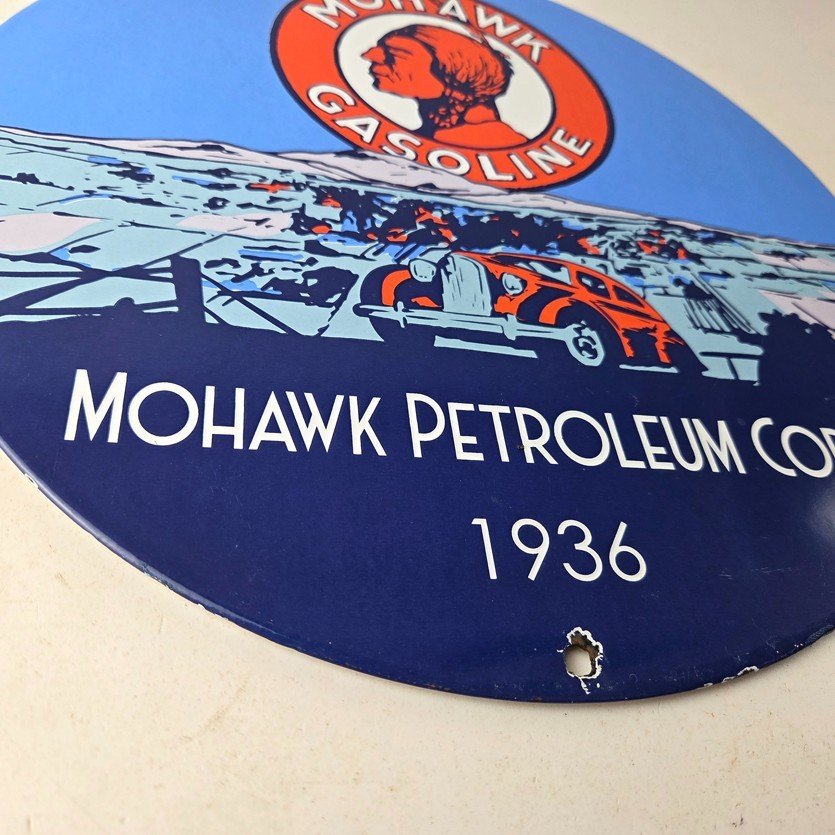 Vintage Mohawk Gasoline Sign - Porcelain American Indian Gas Motor Oil Pump Sign - Image 11