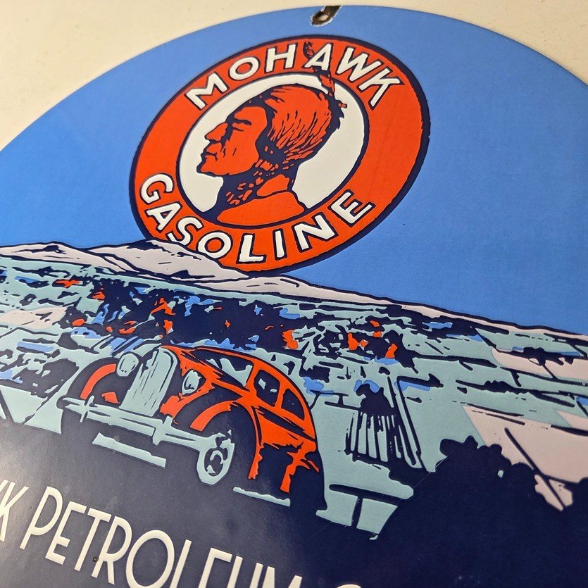 Vintage Mohawk Gasoline Sign - Porcelain American Indian Gas Motor Oil Pump Sign - Image 12