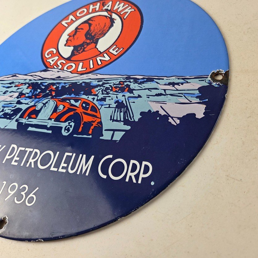 Vintage Mohawk Gasoline Sign - Porcelain American Indian Gas Motor Oil Pump Sign - Image 13