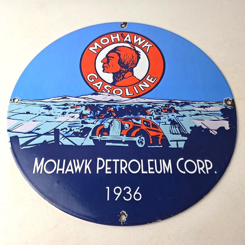 Vintage Mohawk Gasoline Sign - Porcelain American Indian Gas Motor Oil Pump Sign - Image 15
