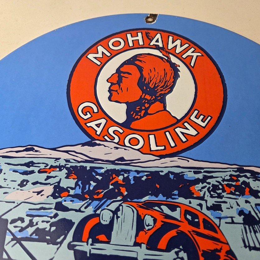 Vintage Mohawk Gasoline Sign - Porcelain American Indian Gas Motor Oil Pump Sign - Image 3