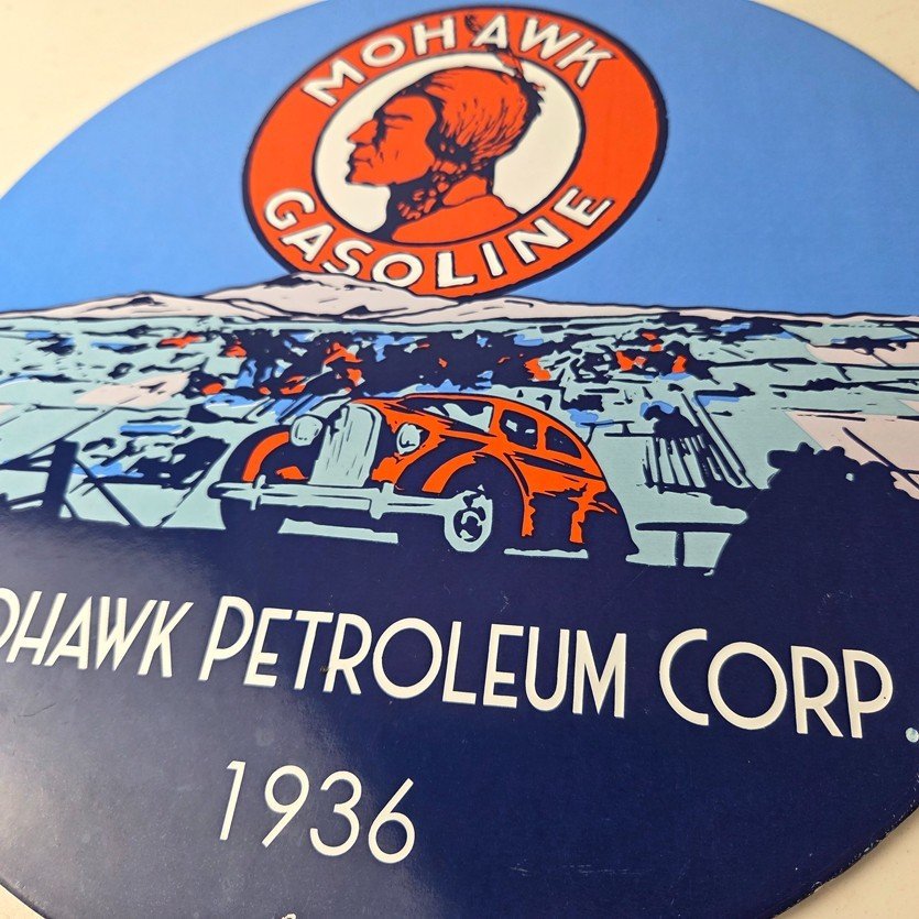 Vintage Mohawk Gasoline Sign - Porcelain American Indian Gas Motor Oil Pump Sign - Image 4