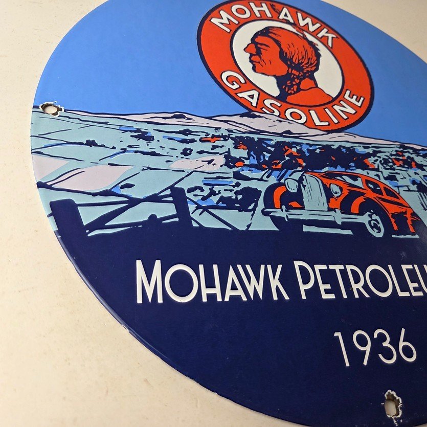Vintage Mohawk Gasoline Sign - Porcelain American Indian Gas Motor Oil Pump Sign - Image 6