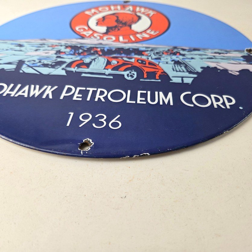 Vintage Mohawk Gasoline Sign - Porcelain American Indian Gas Motor Oil Pump Sign - Image 10