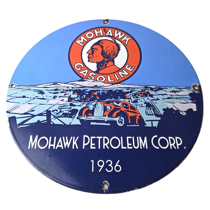 Vintage Mohawk Gasoline Sign - Porcelain American Indian Gas Motor Oil Pump Sign