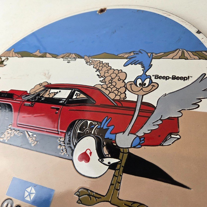 Vintage Mopar Plymouth Porcelain Sign - Road Runner Auto Shop Gas Station Sign - Image 12