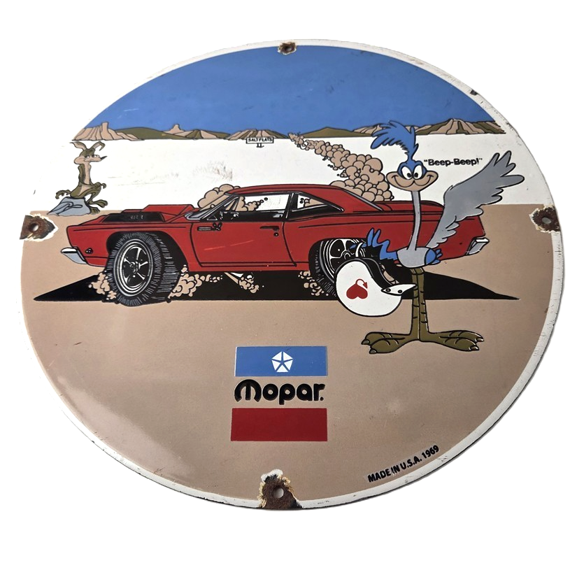 Vintage Mopar Plymouth Porcelain Sign - Road Runner Auto Shop Gas Station Sign