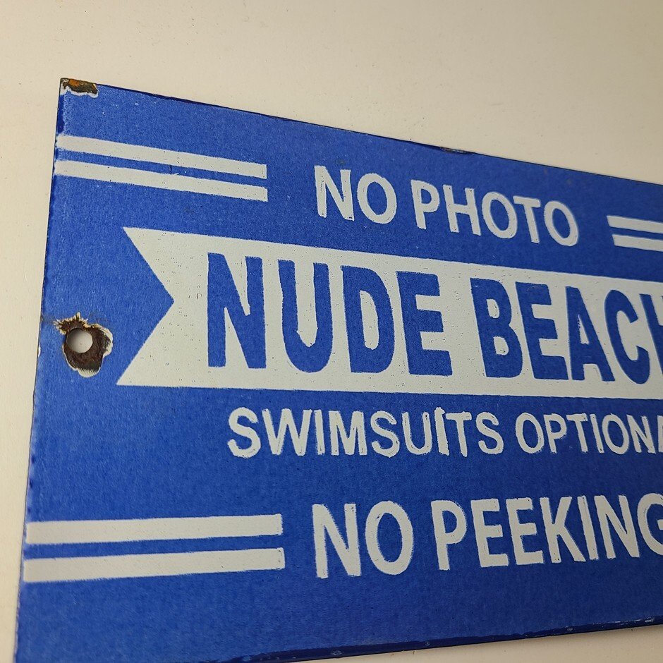 Vintage Nude Beach Sign - No Peeking Gas Pump Porcelain Sign - Image 5