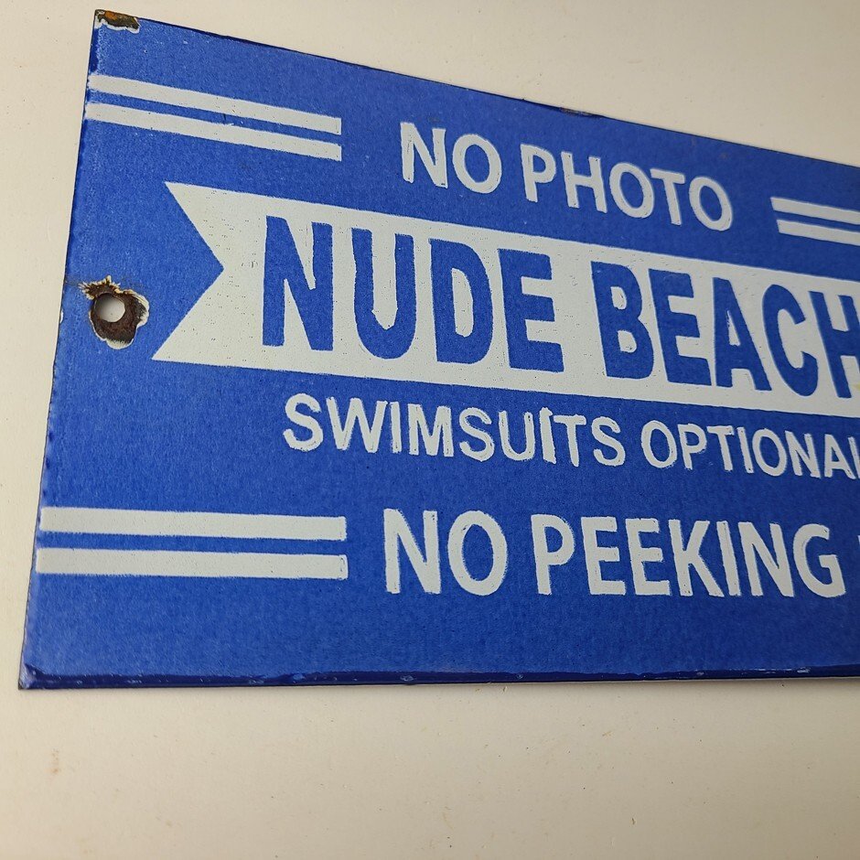 Vintage Nude Beach Sign - No Peeking Gas Pump Porcelain Sign - Image 6