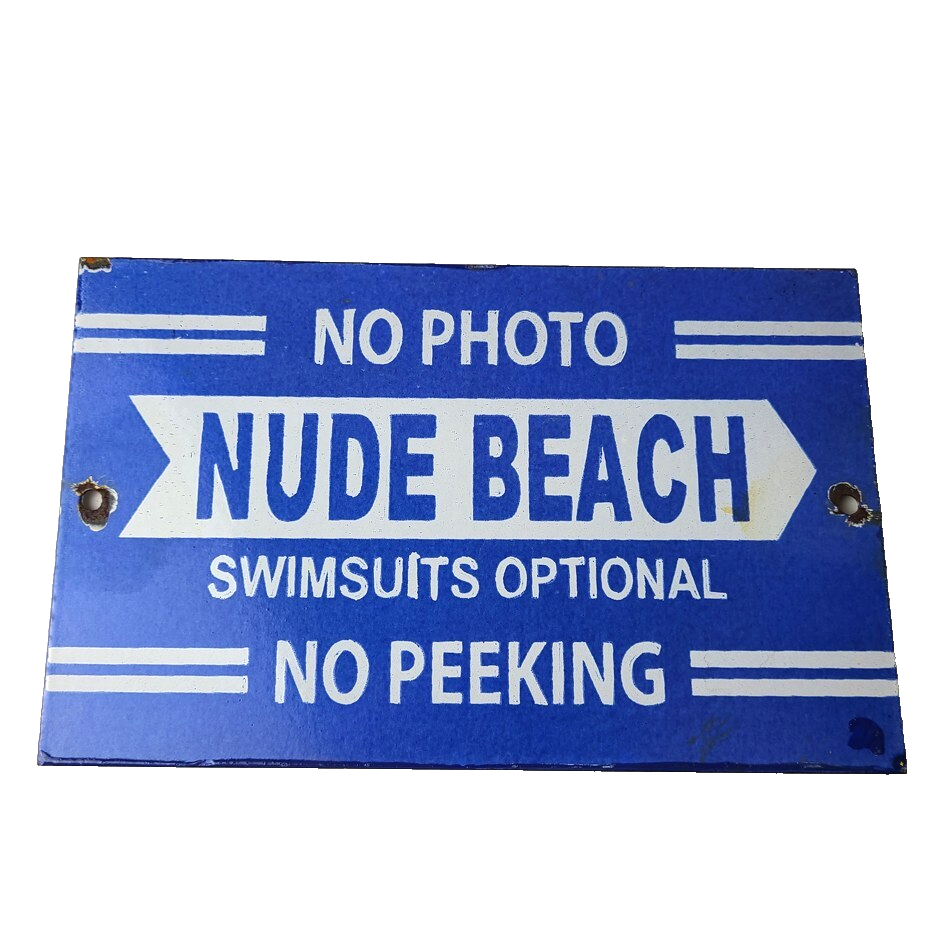Vintage Nude Beach Sign - No Peeking Gas Pump Porcelain Sign