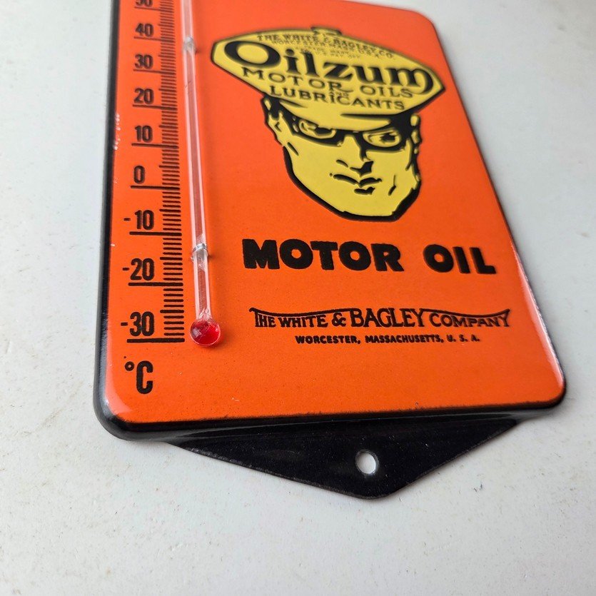 Vintage Oilzum Gas Porcelain Sign - White Bagley Pump Ad Sign On Thermometer - Image 11