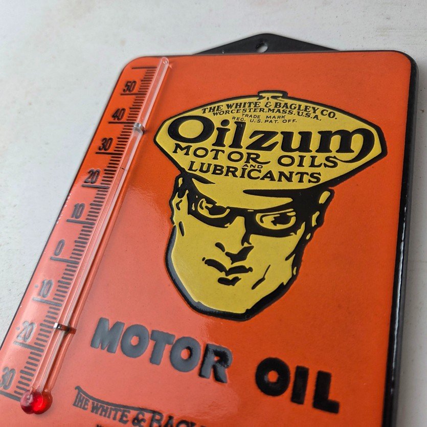 Vintage Oilzum Gas Porcelain Sign - White Bagley Pump Ad Sign On Thermometer - Image 12