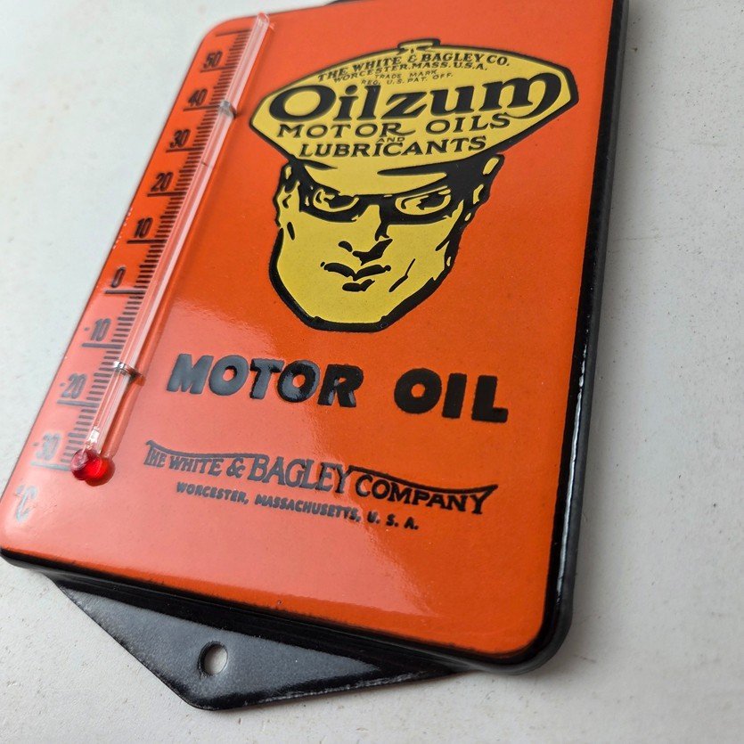 Vintage Oilzum Gas Porcelain Sign - White Bagley Pump Ad Sign On Thermometer - Image 13