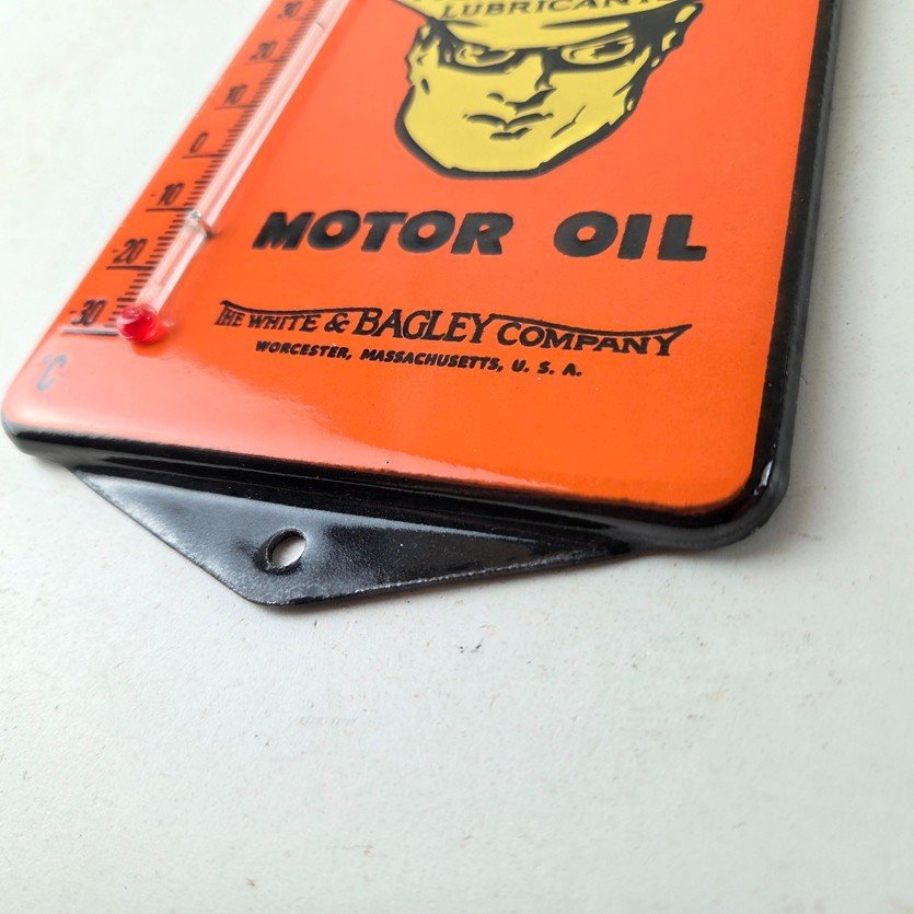 Vintage Oilzum Gas Porcelain Sign - White Bagley Pump Ad Sign On Thermometer - Image 14