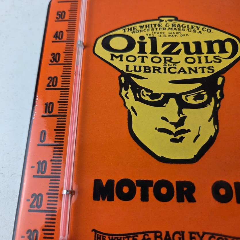Vintage Oilzum Gas Porcelain Sign - White Bagley Pump Ad Sign On Thermometer - Image 15