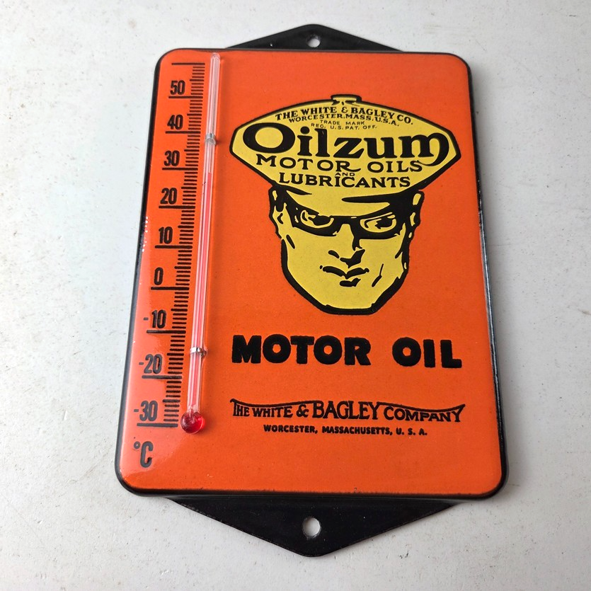 Vintage Oilzum Gas Porcelain Sign - White Bagley Pump Ad Sign On Thermometer - Image 16