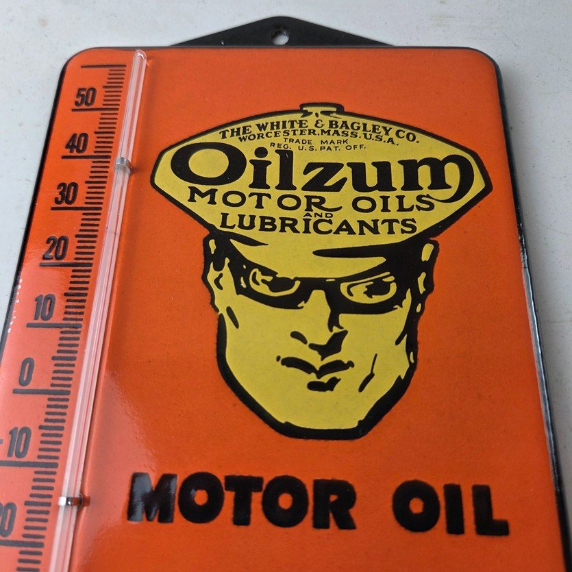 Vintage Oilzum Gas Porcelain Sign - White Bagley Pump Ad Sign On Thermometer - Image 3