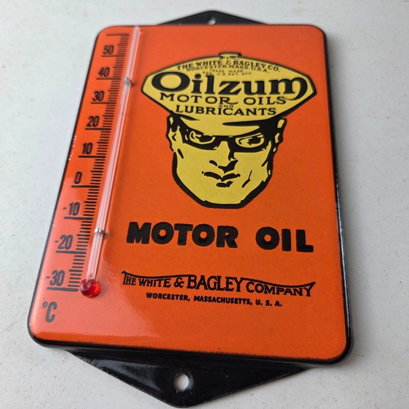Vintage Oilzum Gas Porcelain Sign - White Bagley Pump Ad Sign On Thermometer - Image 4