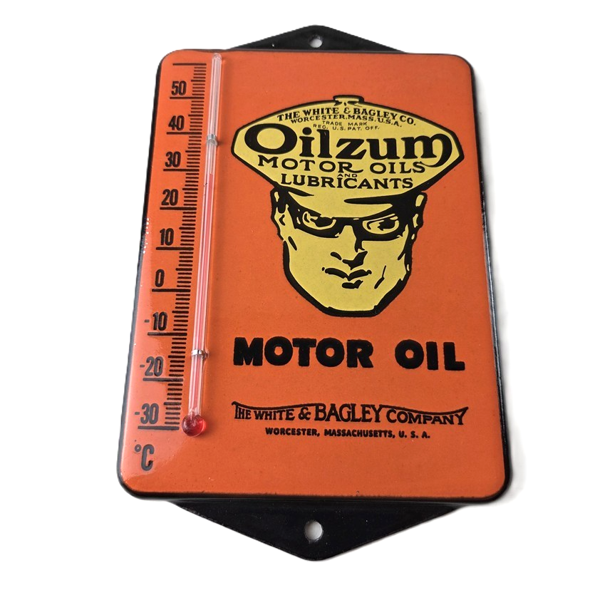 Vintage Oilzum Gas Porcelain Sign - White Bagley Pump Ad Sign On Thermometer