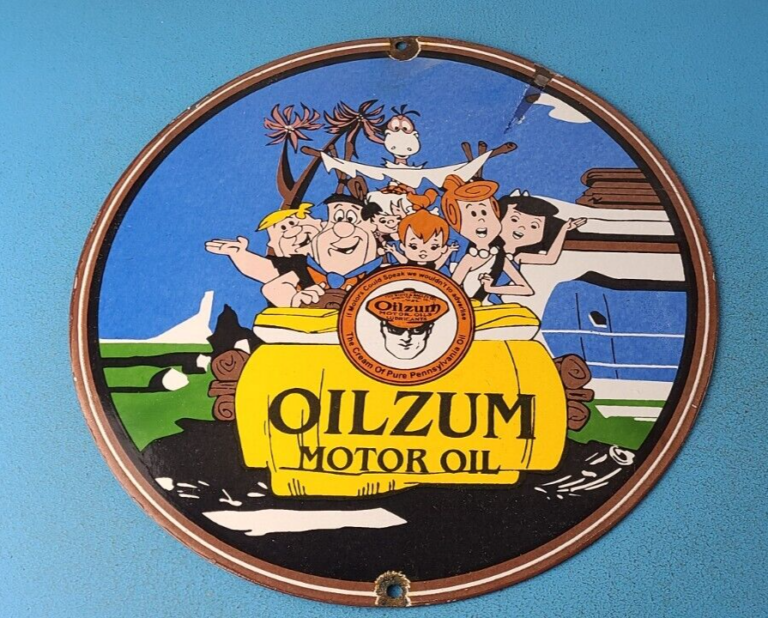 Vintage Oilzum Gasoline Sign Flintstones Cave Man Porcelain Gas Oil Pump Sign 306059808807