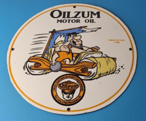 Vintage Oilzum Gasoline Sign Flintstones Cave Man Porcelain Gas Pump Sign 305870747027