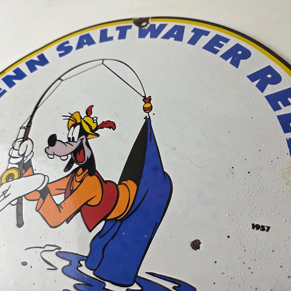 Vintage Penn Fishing Reels Sign - Porcelain Tackle Rods Saltwater Gas Pump Sign - Image 12