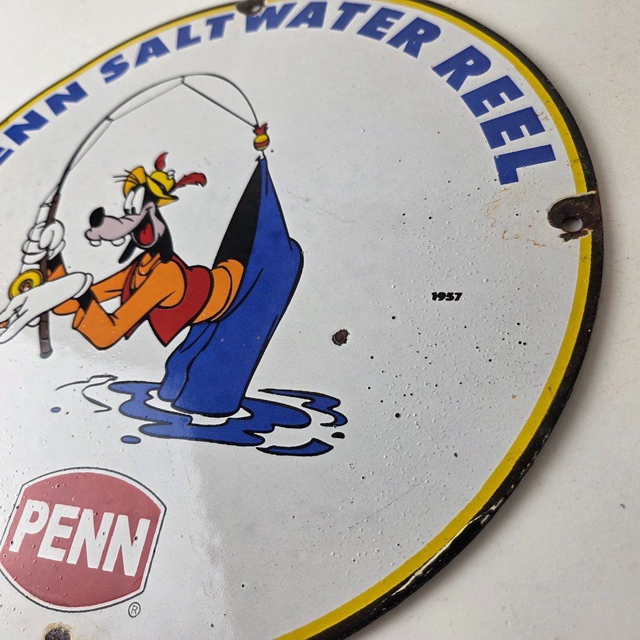 Vintage Penn Fishing Reels Sign - Porcelain Tackle Rods Saltwater Gas Pump Sign - Image 13