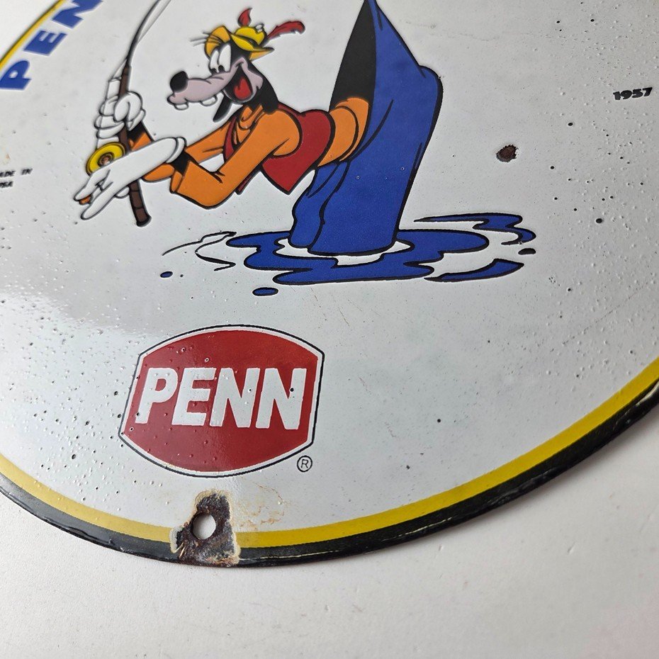 Vintage Penn Fishing Reels Sign - Porcelain Tackle Rods Saltwater Gas Pump Sign - Image 14