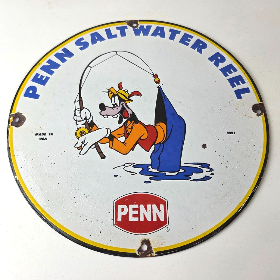 Vintage Penn Fishing Reels Sign - Porcelain Tackle Rods Saltwater Gas Pump Sign - Image 15