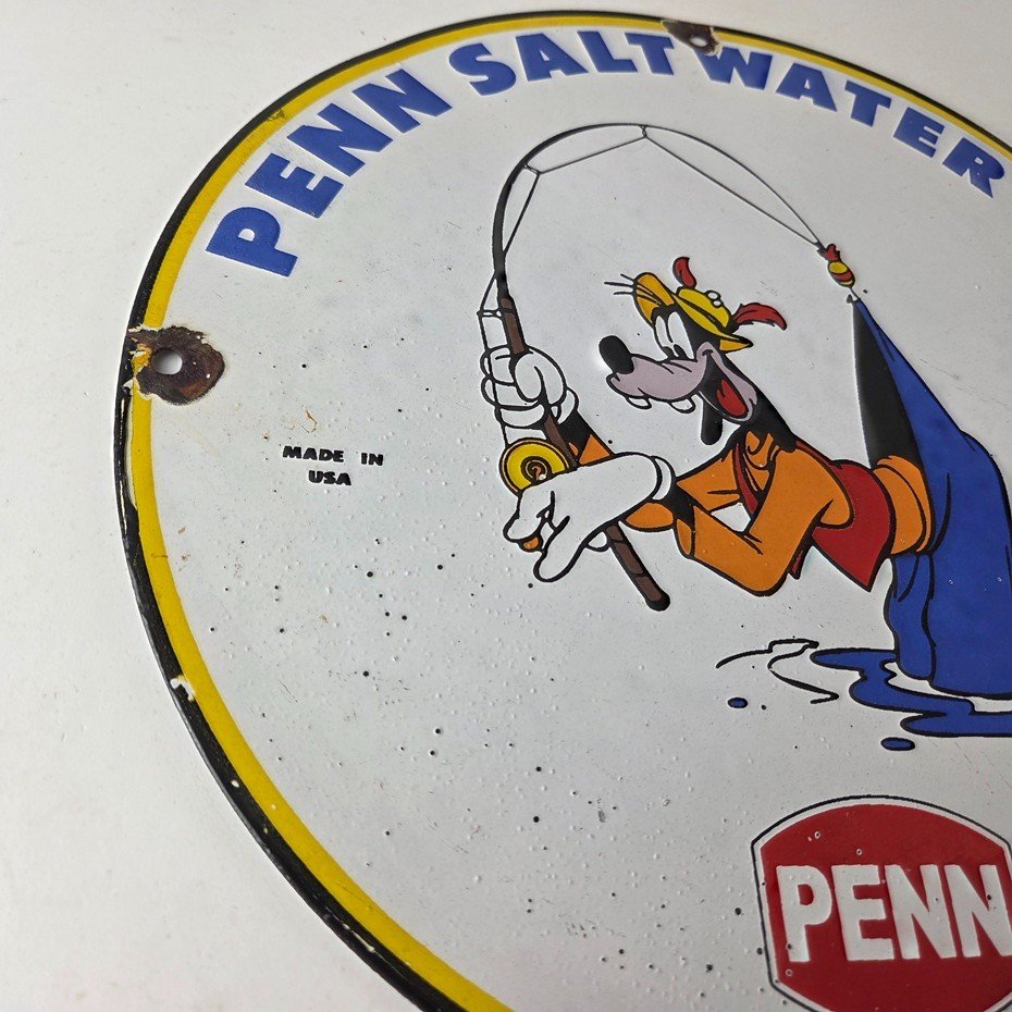 Vintage Penn Fishing Reels Sign - Porcelain Tackle Rods Saltwater Gas Pump Sign - Image 6