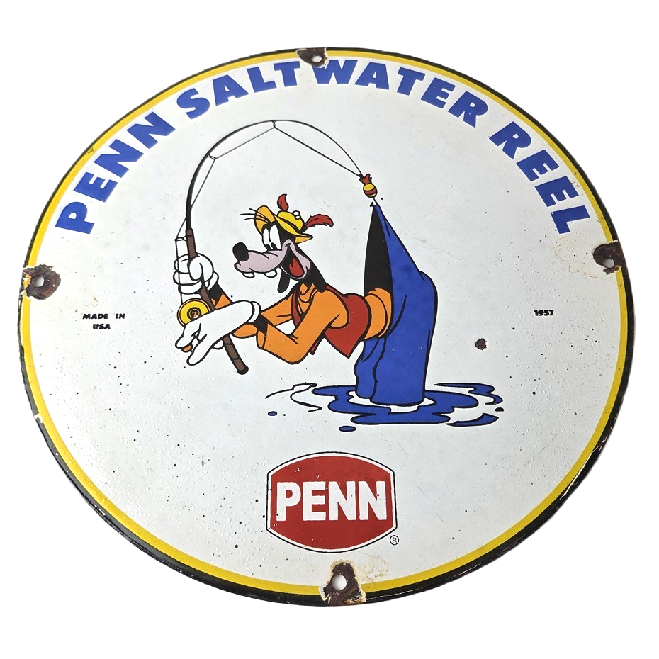 Vintage Penn Fishing Reels Sign - Porcelain Tackle Rods Saltwater Gas Pump Sign