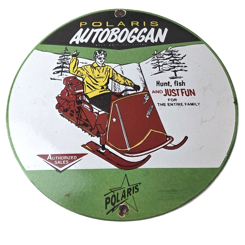 Vintage Polaris Snowmobiles Sign - Sales Winter Sled Porcelain Gas Oil Pump Sign