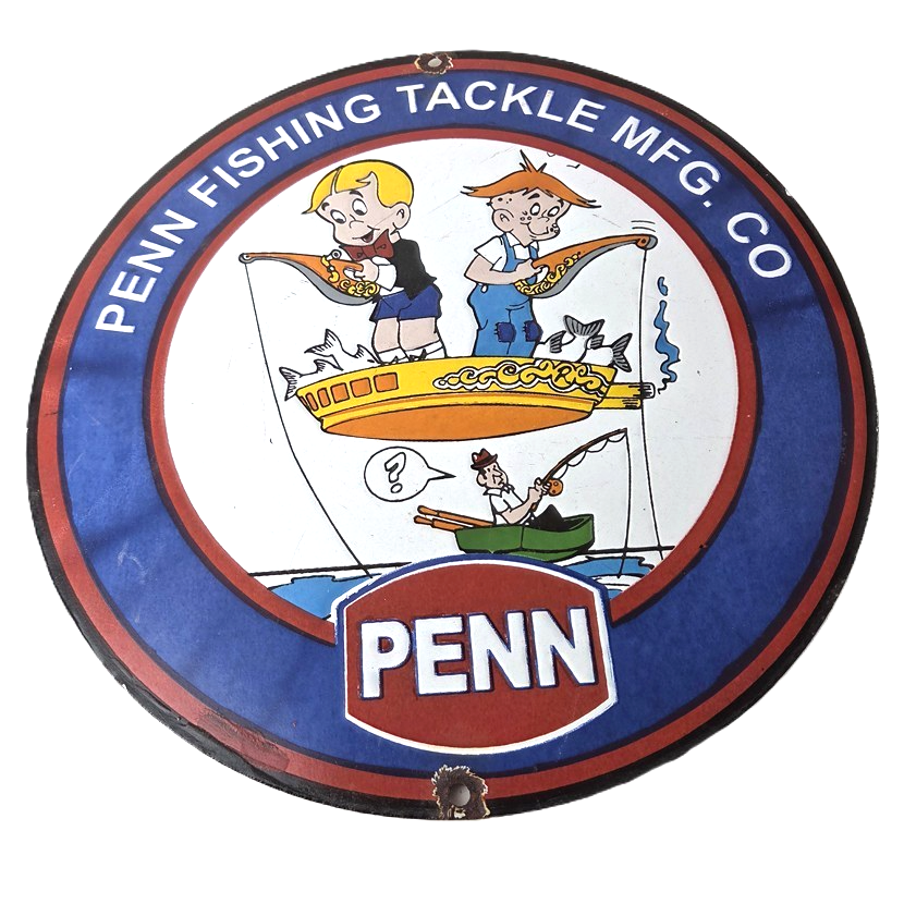 Vintage Porcelain Sign - Penn Fishing Reels Tackle Gas Pump Plate Sign
