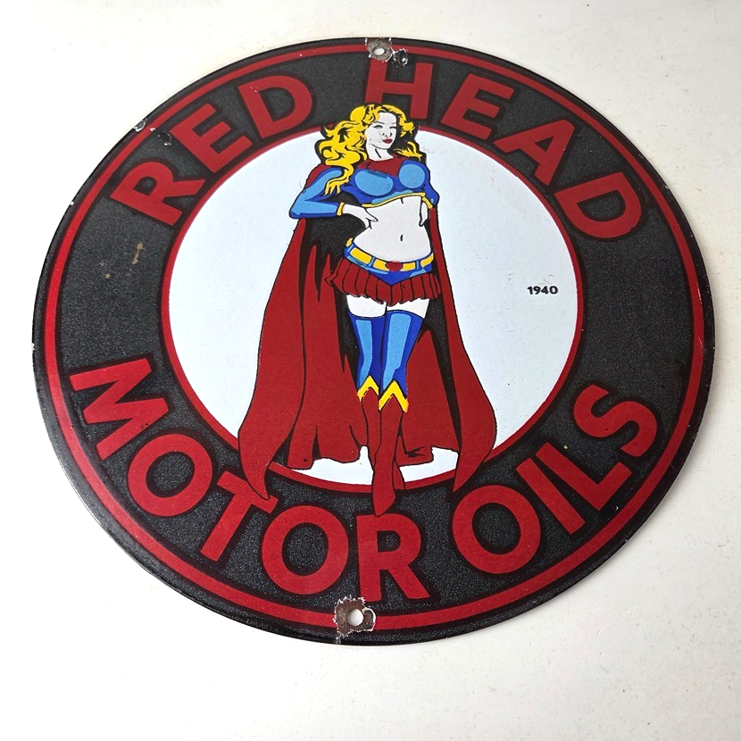 Vintage Red Head Motor Oil Sign - Gasoline Pump Superwoman Porcelain Sign - Image 15