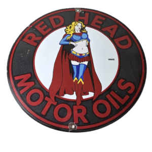 Vintage Red Head Motor Oil Sign - Gasoline Pump Superwoman Porcelain Sign