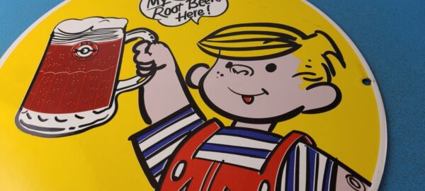 Vintage Root Beer Sign AW Beverage Dennis The Menace Porcelain Gas Pump Sign