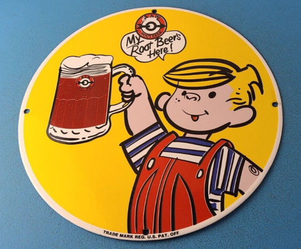 Vintage Root Beer Sign AW Beverage Dennis The Menace Porcelain Gas Pump Sign