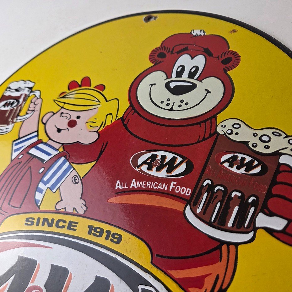 Vintage Root Beer Sign - A&W Soda Dennis Menace Bear Advertising Porcelain Sign - Image 12