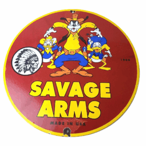 Vintage Savage Arms Sign - Goofy Porcelain Service Gun Ammo Gas Oil Pump Sign
