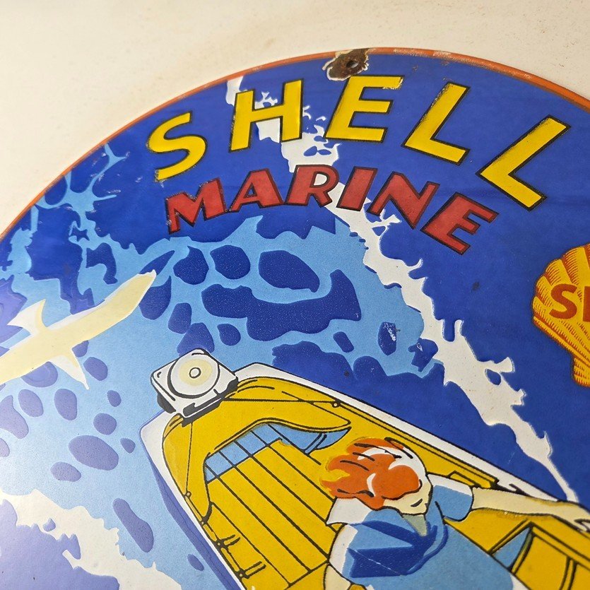 Vintage Shell Gasoline Sign - Marine Boat Porcelain Gas Pump Advertising Sign - Image 12